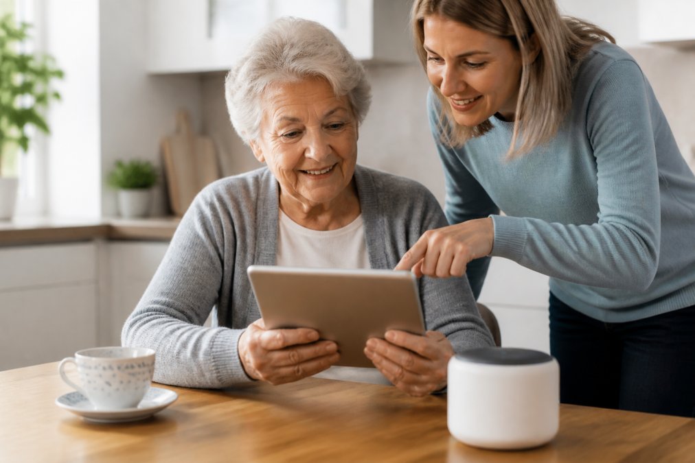 A senior woman sitting at a kitchen table with a tablet, smiling as she sets up a small smart home hub, with a cup of tea nearby and a friendly caregiver pointing at the screen