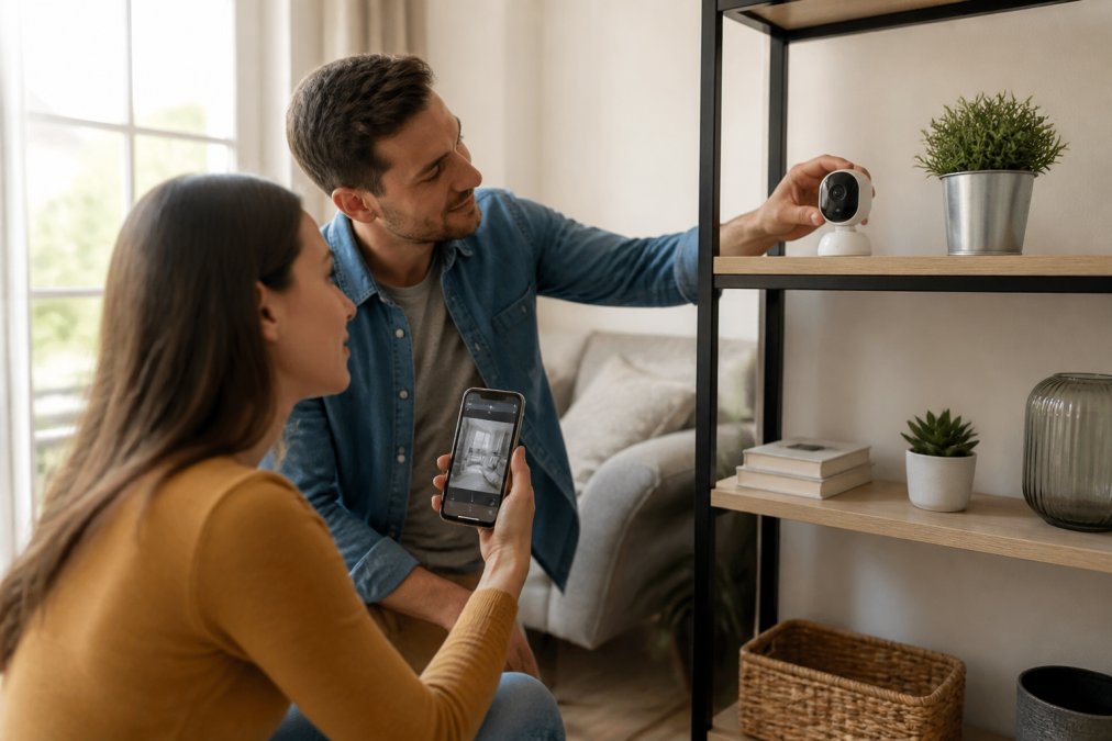 A young couple in a bright living room setting up a small white wireless security camera on a shelf, one person holding a smartphone with the camera app open, the other adjusting the camera angle, natural daylight from a window