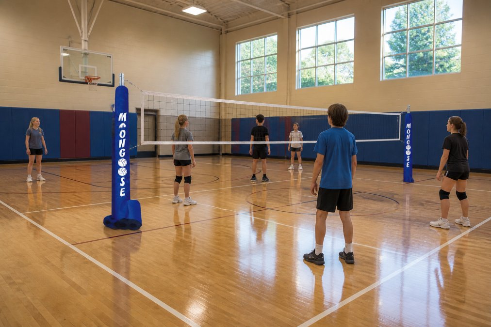 School gymnasium interior with portable volleyball net system set up on the court, showing the clean cable-free design and students preparing to play in afternoon natural light