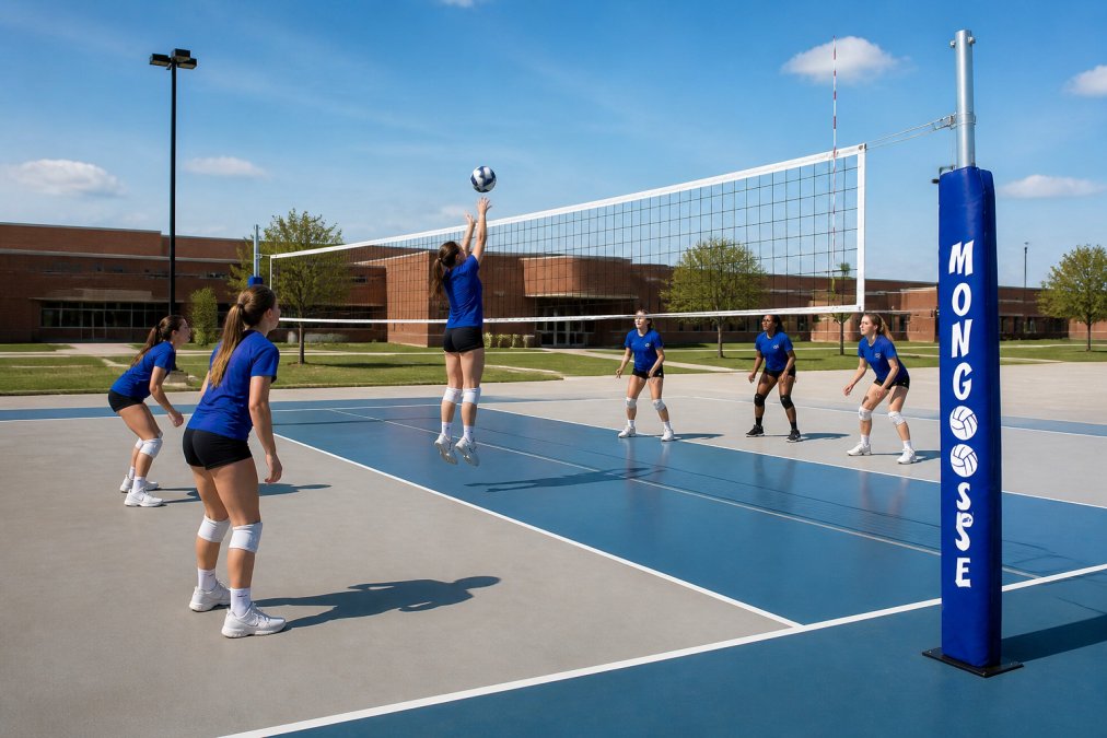 Outdoor school volleyball court with semi-permanent metal standards installed in afternoon light, showing durable posts anchored to the court surface with the net in place during an afternoon practice session