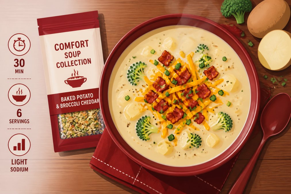 Overhead shot of a steaming bowl of creamy baked potato soup garnished with crispy bacon bits, shredded cheddar cheese, and fresh chives on a rustic wooden table with warm natural lighting