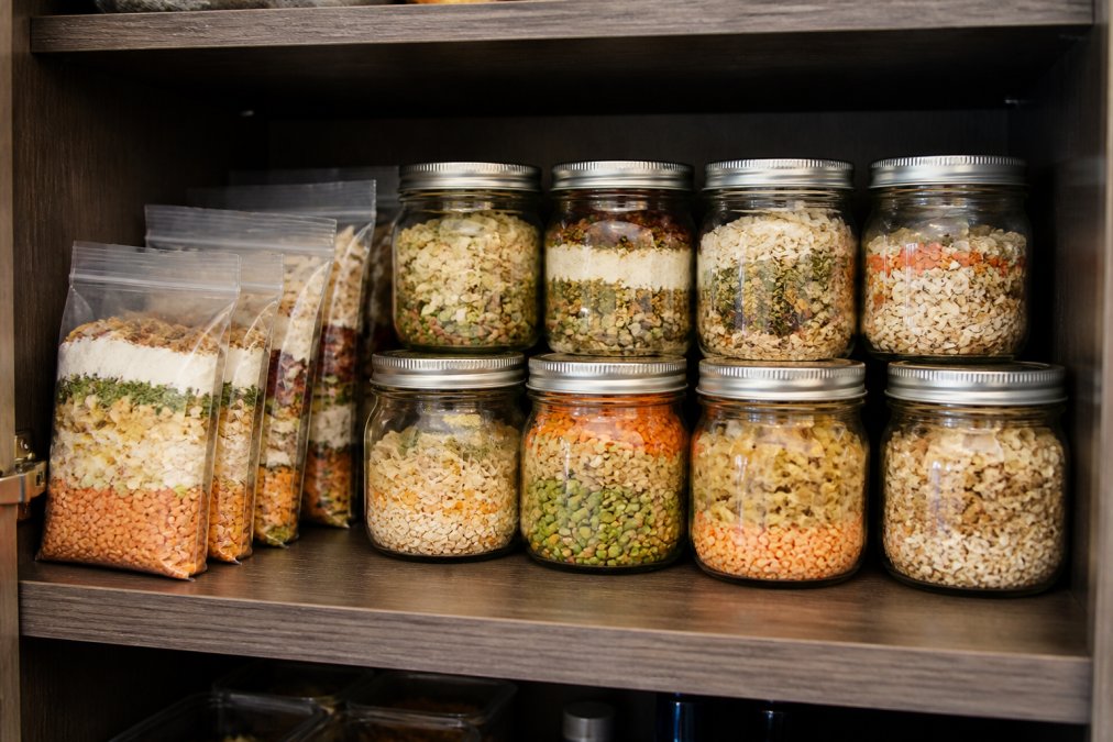 Organized pantry shelf displaying multiple resealable bags and glass jars of dry soup mixes with handwritten ingredient labels, stored in a cool dark cabinet with even lighting