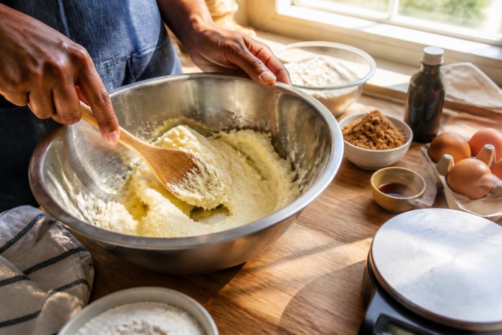 Close-up of hands creaming softened butter and sugar in a stainless steel mixing bowl using a wooden spoon, showing the pale, fluffy texture developing, with various baking ingredients arranged nearby including brown eggs, a vanilla extract bottle, all-purpose flour, and a digital scale, morning sunlight streaming through a window