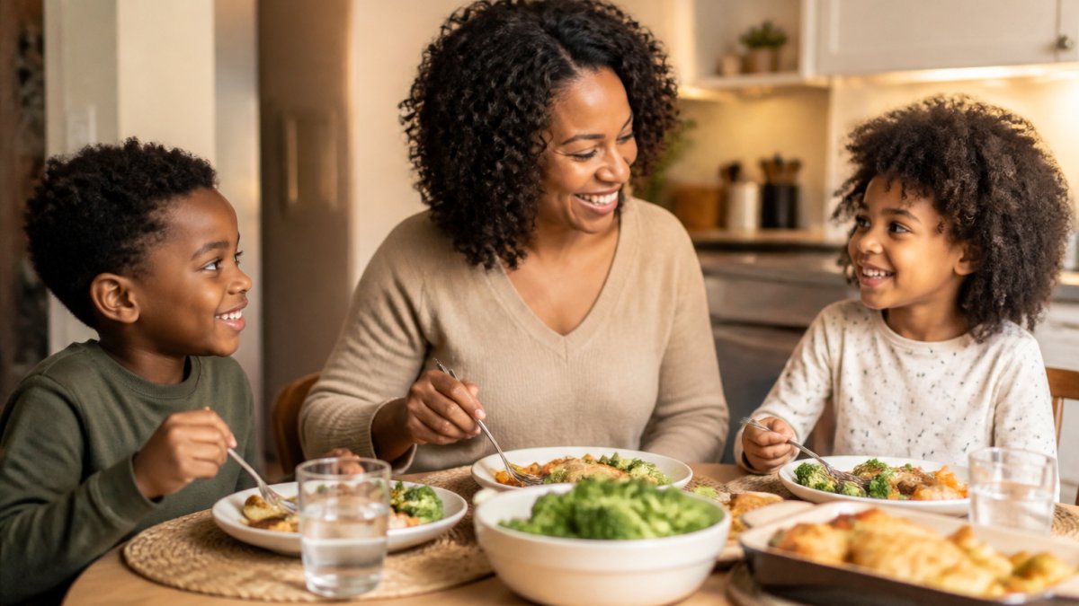 A mother and two children sitting at a dinner table together, smiling and eating a home-cooked meal, warm kitchen lighting in the background