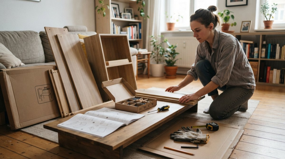 Renter assembling flat-pack furniture in bright, organised living space with tools laid out on white cloth, instruction manual propped open, and completed furniture piece visible in background