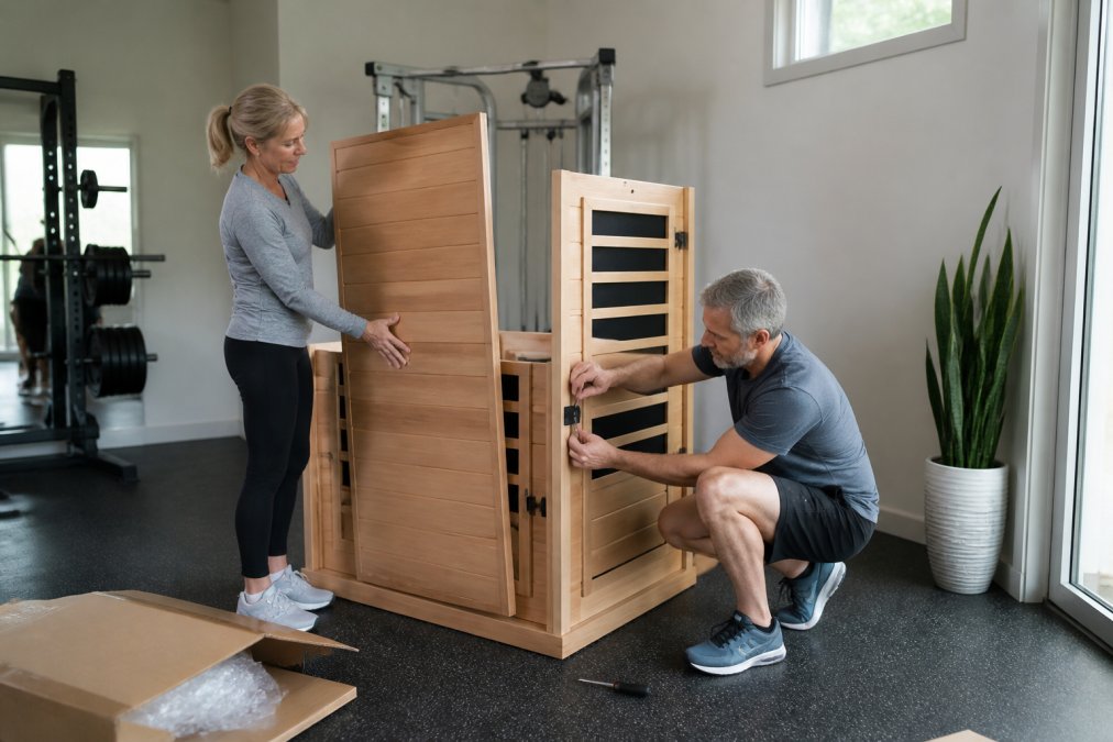 Couple in their 50s installing easy to assemble home sauna models in a gym