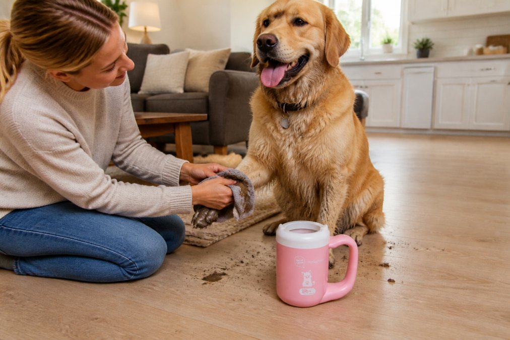 Pet owner wiping down a dog's muddy paws with a cloth indoors, with a clean home visible in the background