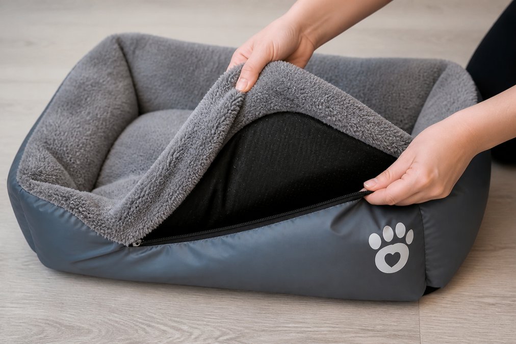 Close-up of hands removing a washable fleece cover from a pet bed, showing the removable liner detail and waterproof base