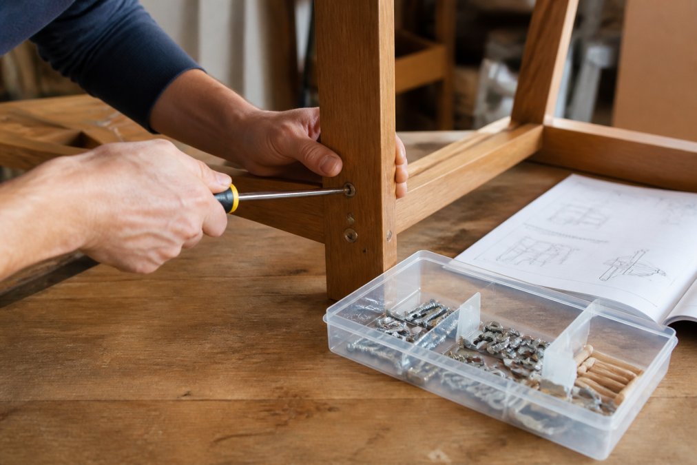 Close-up of hands carefully unscrewing a wooden furniture joint with a screwdriver, with metal hardware organised in a small labelled container beside an instruction manual on a wooden workbench