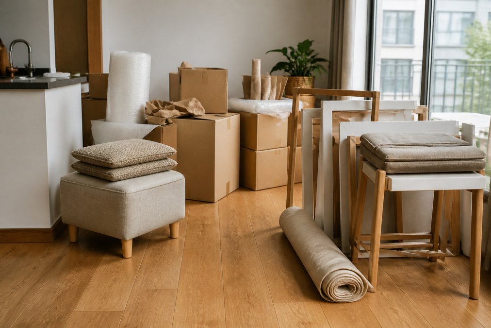 A compact apartment space with modular lightweight furniture pieces neatly stacked and organised for moving, cardboard boxes labelled by room with protective bubble wrap and kraft paper visible on a hardwood floor