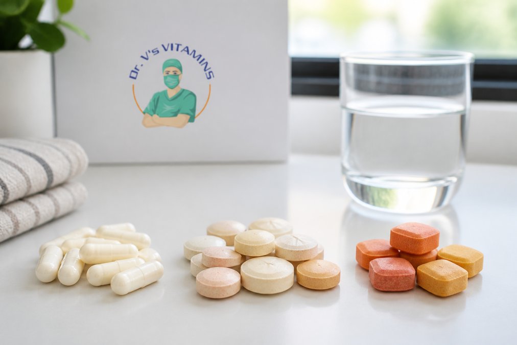 Close-up of various bariatric vitamin formats, capsules, chewable tablets, and soft chews, arranged on a clean white surface with a glass of water nearby in natural lighting