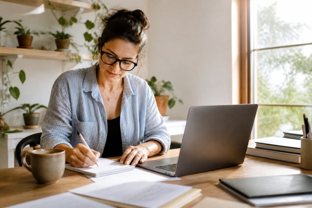 Small business owner sitting at a desk with a laptop open, writing notes on a notepad beside a coffee mug, planning a website in a home office with warm natural light coming through a window