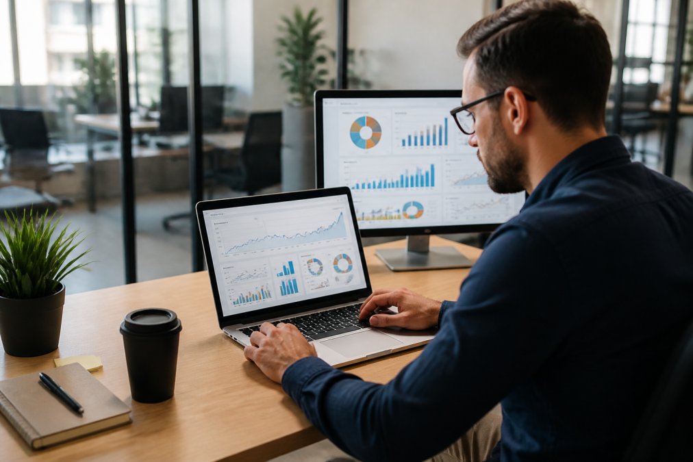 Marketing professional reviewing website analytics on a laptop screen in a bright modern office, with a second monitor displaying colourful performance graphs in the background