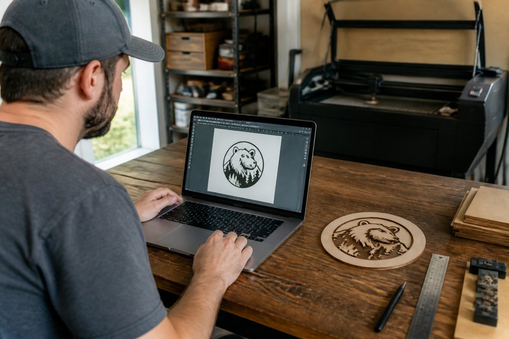Workflow showing how to vectorize logos on a laptop for laser cutting wood projects in a home workshop