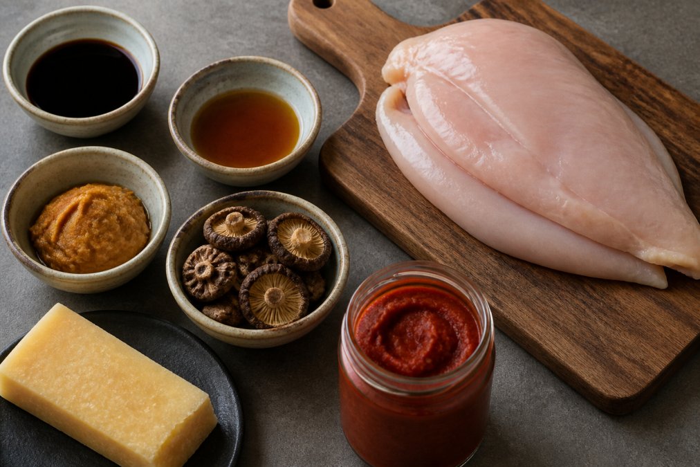 Overhead shot of a kitchen counter with small bowls of soy sauce, fish sauce, miso paste, dried shiitake mushrooms, a block of Parmesan, and a jar of tomato paste, with a raw chicken breast on a wooden board ready for seasoning
