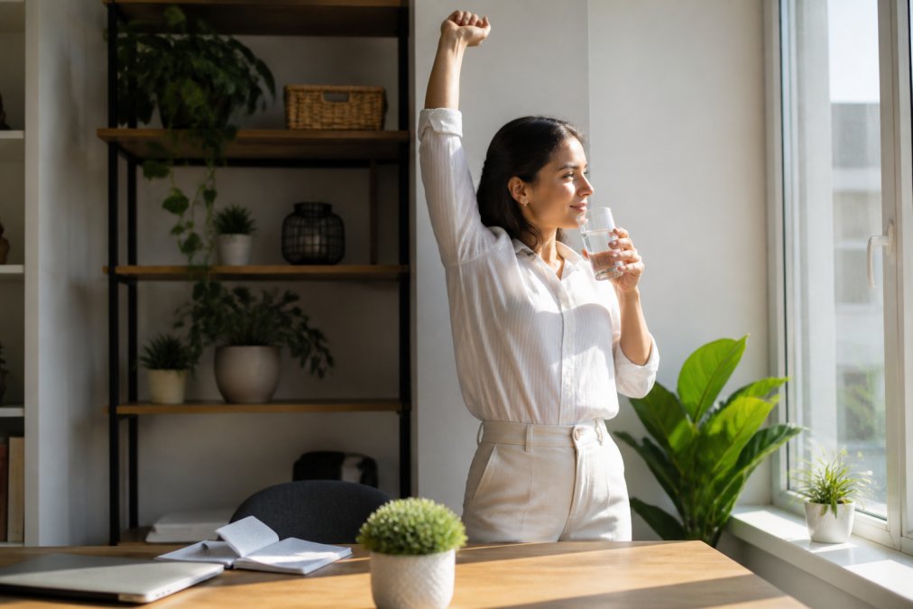 A person standing at a sunny kitchen window, drinking a tall glass of water and stretching their arms overhead, morning light streaming in, looking refreshed and alert