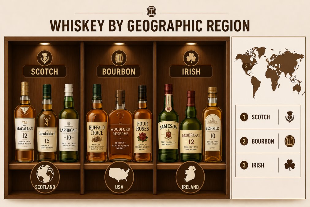 A collection of whiskey bottles from different regions arranged on wooden shelving, showing labels from Scotch, bourbon, and Irish whiskey varieties with warm lighting