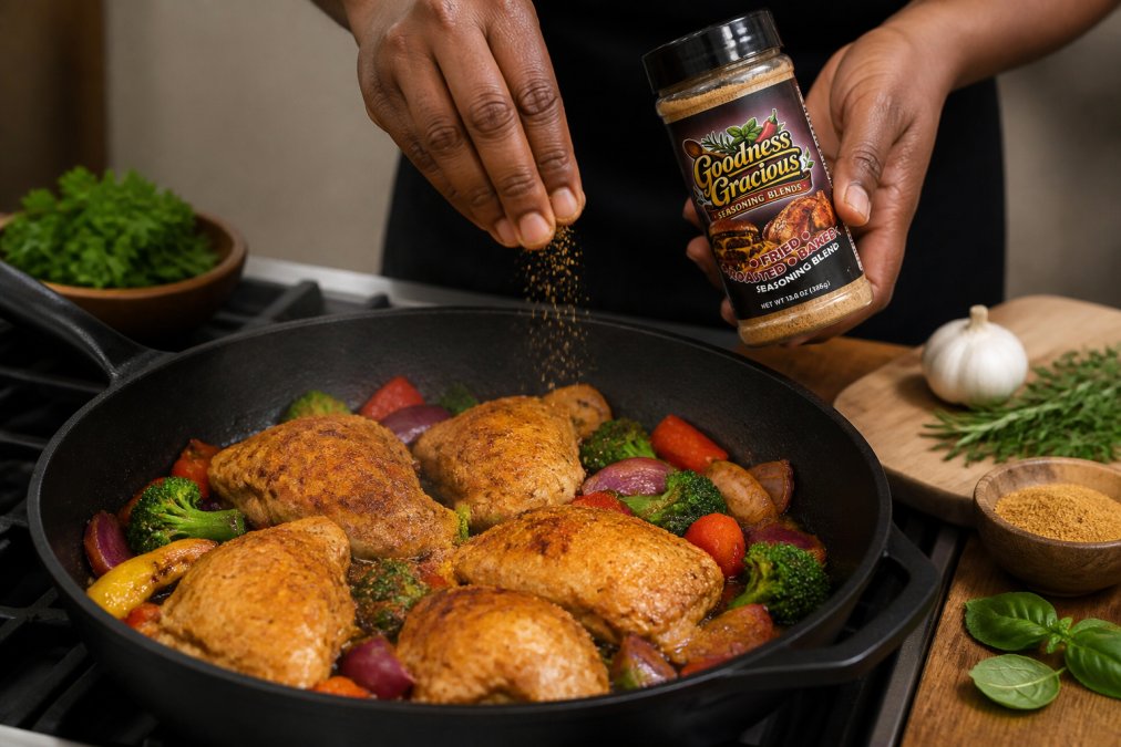 Close-up of hands sprinkling seasoning blend over a sizzling pan of chicken and vegetables, with fresh herbs and spice containers visible on a wooden countertop