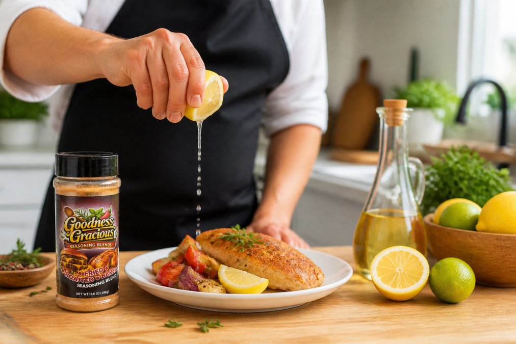 Bright kitchen scene showing a chef squeezing fresh lemon juice over a plated dish, with vinegar bottle and citrus fruits arranged nearby