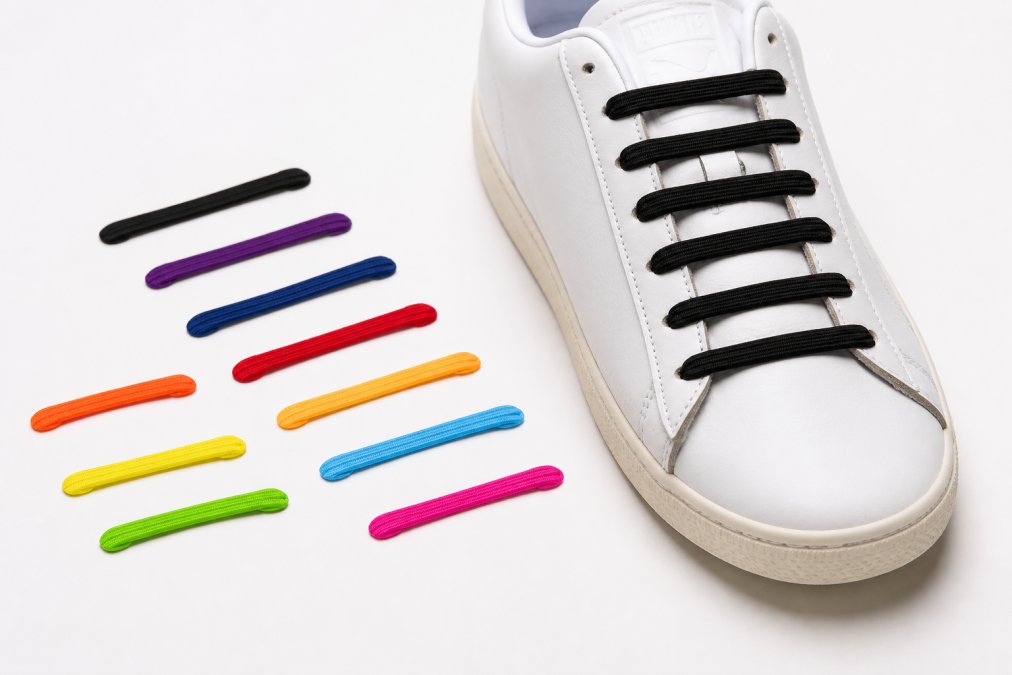 Flat lay of colorful elastic no-tie shoelaces arranged next to a clean white sneaker on a bright white surface, with several individual lace segments displayed showing their small size and vibrant colors