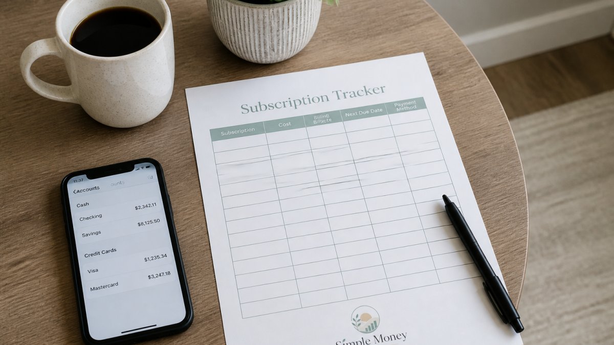 Printed subscription tracker worksheet on a table with a pen, coffee, and a smartphone banking app for managing expenses.