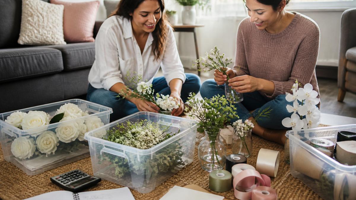 A bride-to-be and a friend assembling table centerpieces on a living room floor, surrounded by ribbon rolls, small vases, and labeled supply bins, natural window light