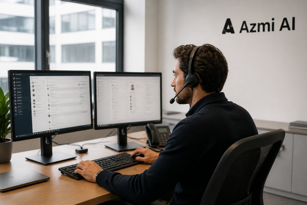 Customer service representative wearing headset at modern desk with dual monitors displaying chat conversations and customer data dashboard, natural office lighting