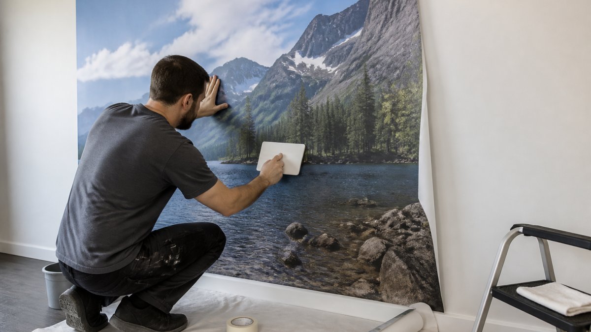 Professional carefully applying a peel-and-stick wall mural to a prepared wall surface, using a squeegee tool to smooth out air bubbles and ensure proper adhesion