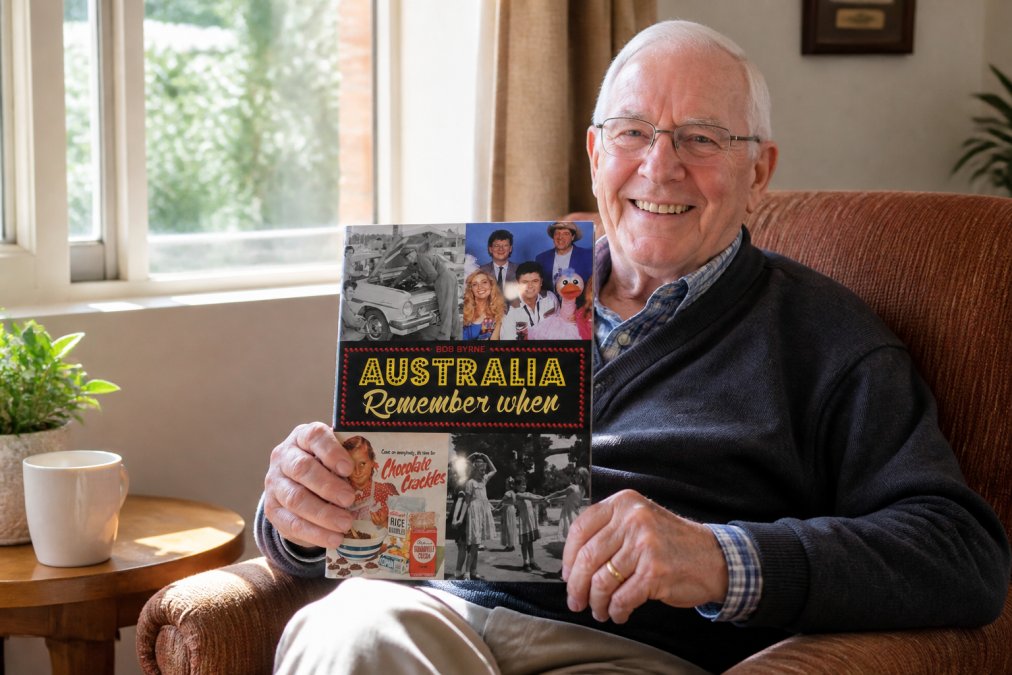 Older adult holding an author-signed nostalgia book, smiling warmly while seated in a comfortable armchair with warm natural lighting streaming through nearby windows