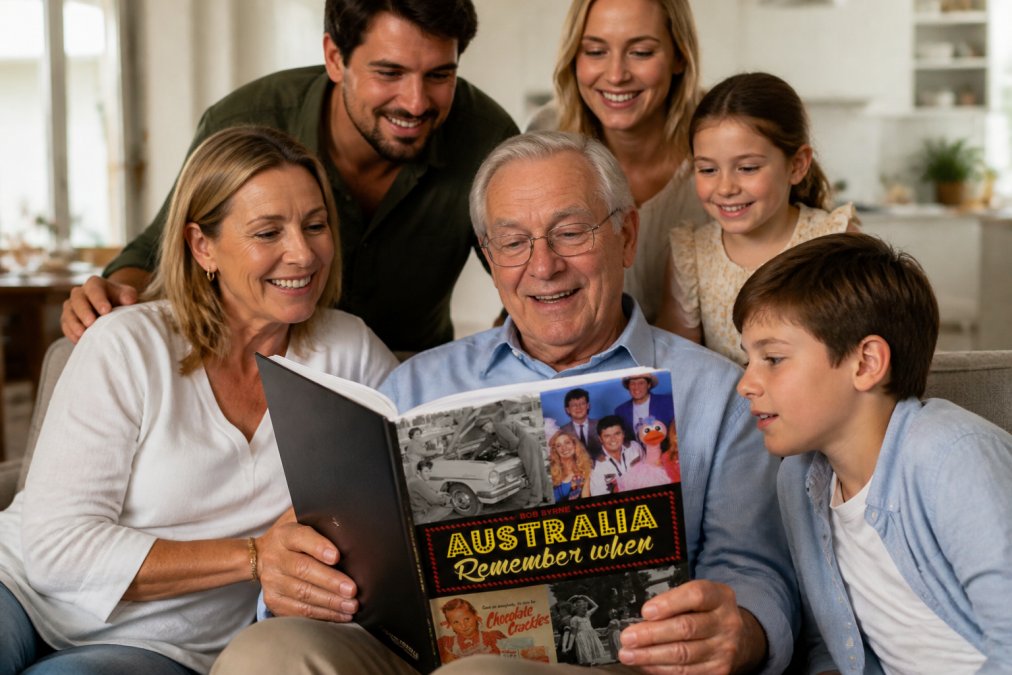 Extended family gathering with an elderly grandparent opening a nostalgia book as a gift, with younger family members watching and smiling warmly nearby in a bright, comfortable living room