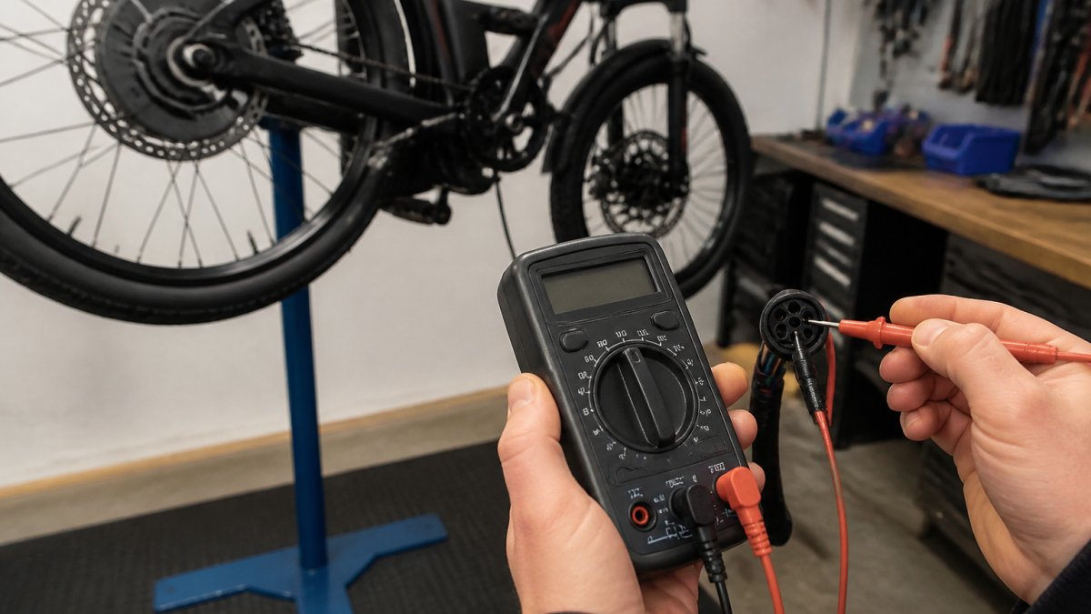 Close-up of hands holding a digital multimeter with probes touching the connector pins of an e-bike hub motor cable, with the bike upside down on a workshop stand in the background