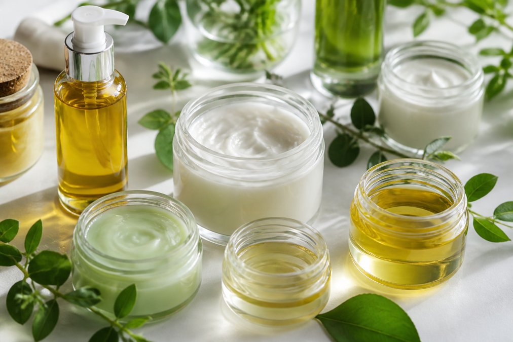 Close-up of natural skincare bottles and glass jars arranged on a clean white surface, showing creamy textures and golden oils with fresh green botanical leaves scattered between them, natural daylight