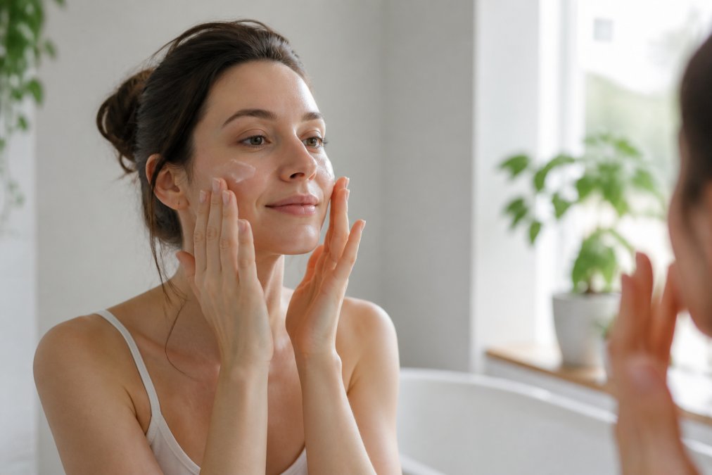 Person gently patting a lightweight cream onto their face with fingertips in a bright, minimalist bathroom with soft natural daylight streaming through a window, demonstrating careful application technique