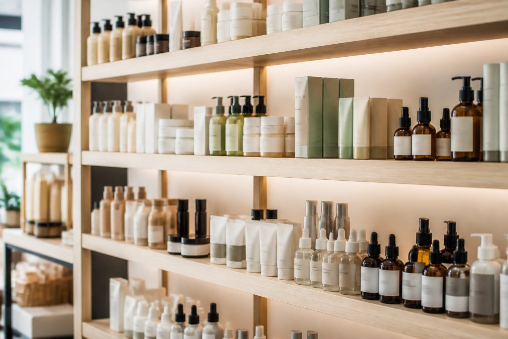 Nahaufnahme verschiedener Naturkosmetik-Produkte in eleganten Behältern auf hellen Regalen, organisiert nach Produkttypen: Shampoos, Cremes, Seren mit minimalistischem Design und warmer Beleuchtung