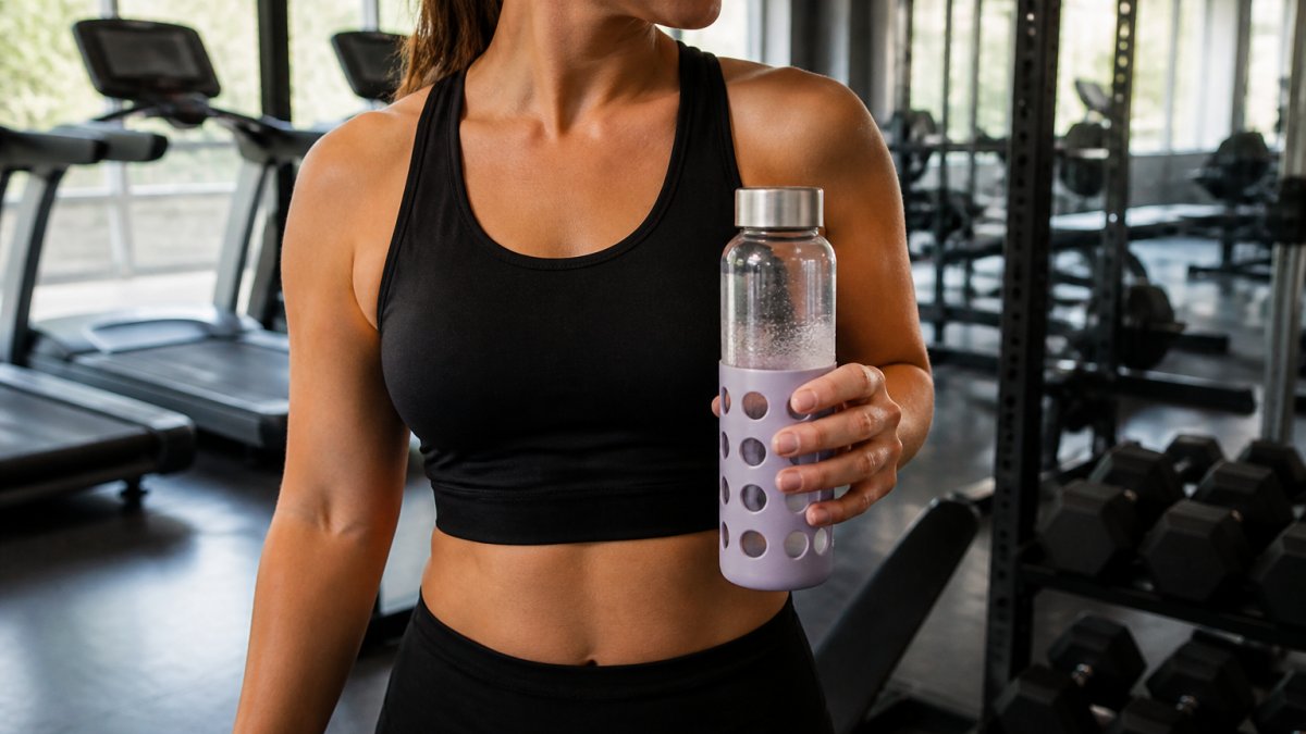 Person holding portable hydrogen water bottle at gym during workout, water bottle display visible and protective silicone sleeve evident, modern fitness facility background with natural lighting