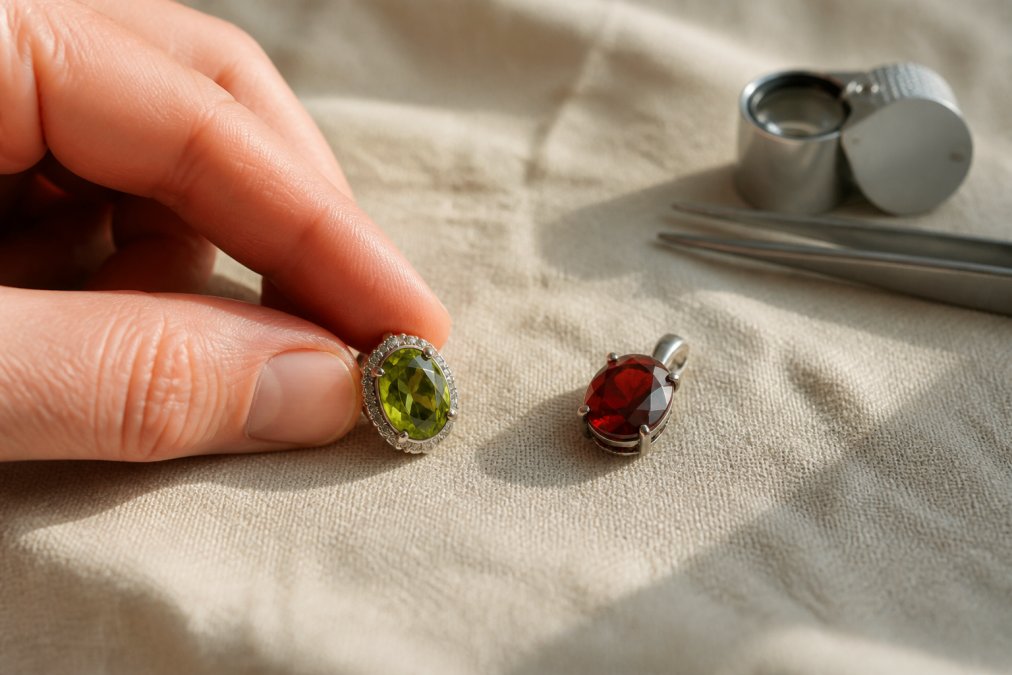 Nahaufnahme einer Hand, die ein Schmuckstück mit einem klaren grünen Edelstein neben einem Stück Modeschmuck mit farbigem Glas hält, beides liegt auf neutralem Leinenstoff bei weichem natürlichem Seitenlicht