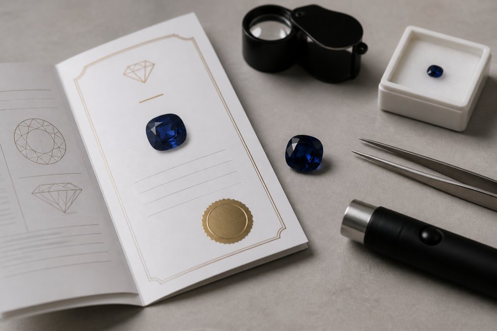 Gemstone-certificaatdocument weergegeven naast een gepolijste natuurlijke edelsteen en professionele gemmologische verificatietools op een neutrale achtergrond