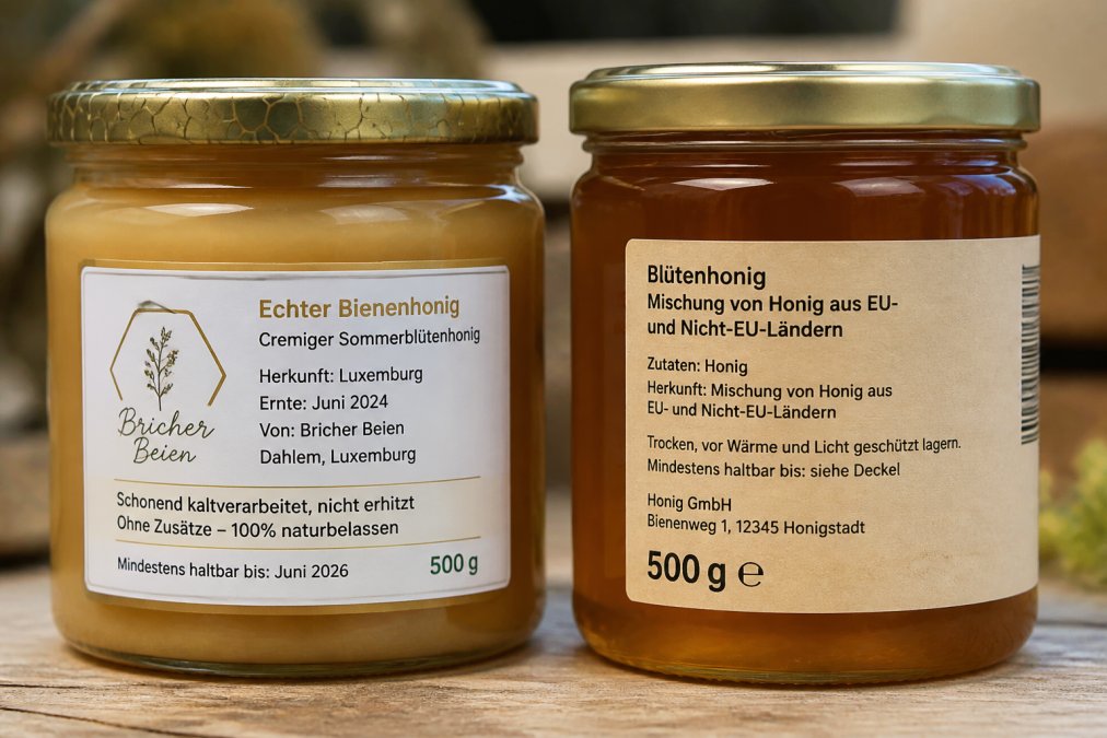 Detaillierte Nahaufnahme von zwei Honig-Etiketten nebeneinander - eines von einer kleinen Imkerei mit klarer Herkunftsangabe und eines von einem Großhersteller mit Mischungsbezeichnung, beide Etiketten deutlich lesbar mit Fokus auf Herkunfts- und Verarbeitungsinformationen
