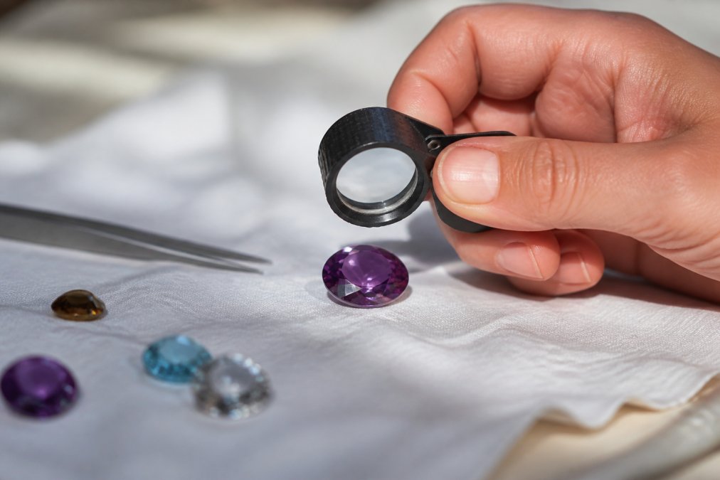 Eine Hand prüft mit einer Lupe einen violetten Edelstein, um echten Edelstein von Glas zu unterscheiden.