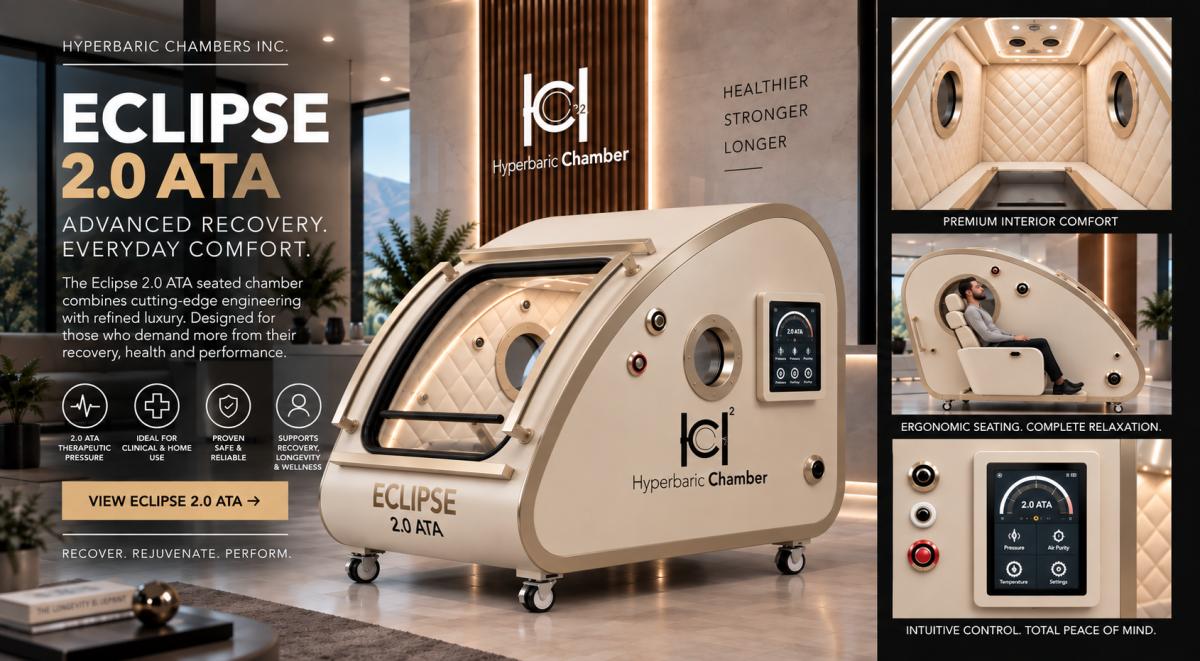 Eclipse Elite 2.0 ATA champagne-coloured hard-shell seated hyperbaric chamber with a transparent front. Branded artwork showing the chamber and interior or control details.
