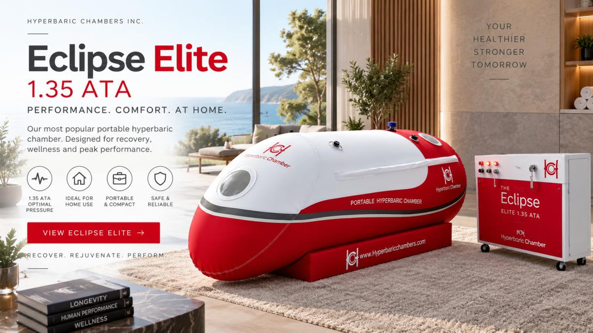 Eclipse Elite 1.35 ATA red-and-white portable lying hyperbaric chamber, shown in a home setting. Branded product artwork.