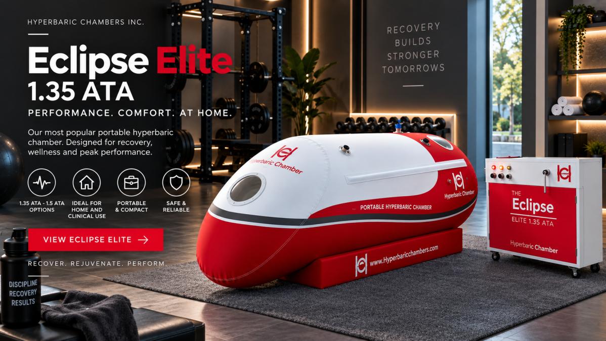 Eclipse Elite 1.35 ATA red-and-white portable lying hyperbaric chamber, shown in a home setting. Branded product artwork.