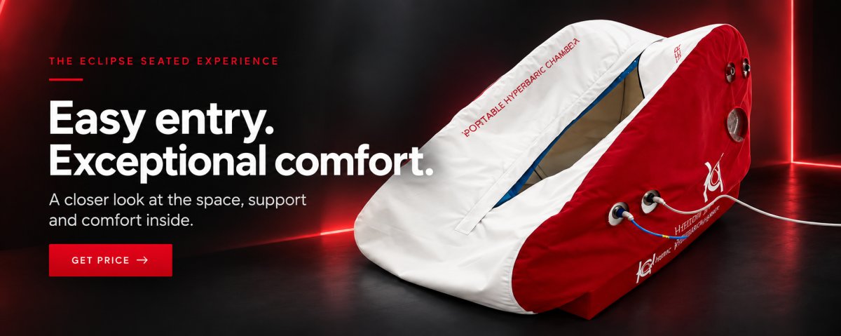 Eclipse Seated 1.5 ATA red-and-white portable seated hyperbaric chamber. Branded artwork showing the chamber’s angled profile, seated design and access.