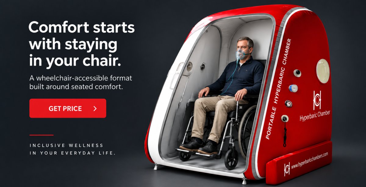 Eclipse Wheelchair 1.4 ATA red-and-white portable hyperbaric chamber. Artwork showing a wheelchair user inside the open chamber. Relevant to wheelchair access and seated comfort.