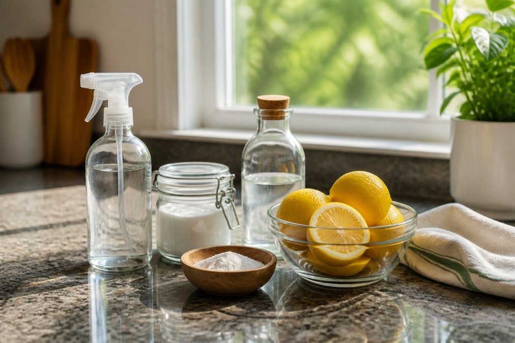 A bright kitchen counter with a glass spray bottle, a small jar of white vinegar, a box of baking soda, and a bowl of lemons, natural light from a window