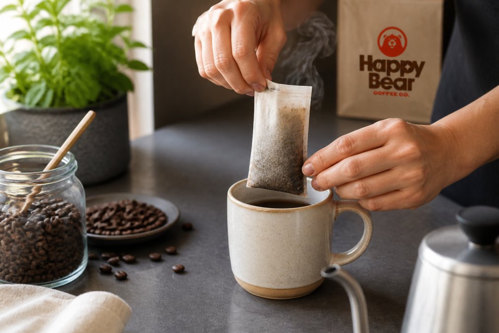 Close-up of hands holding a compostable brew bag coffee packet over a steaming ceramic mug, with visible coffee grounds and steam rising, natural kitchen lighting
