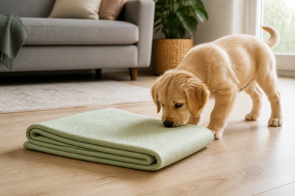 A close-up of a folded washable dog pee pad with bamboo fiber texture on a clean floor, with a small puppy sniffing it in a bright home setting