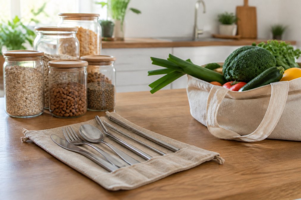 Glass jars of dry goods and eco friendly alternatives like a cloth tote and stainless steel set on a kitchen counter