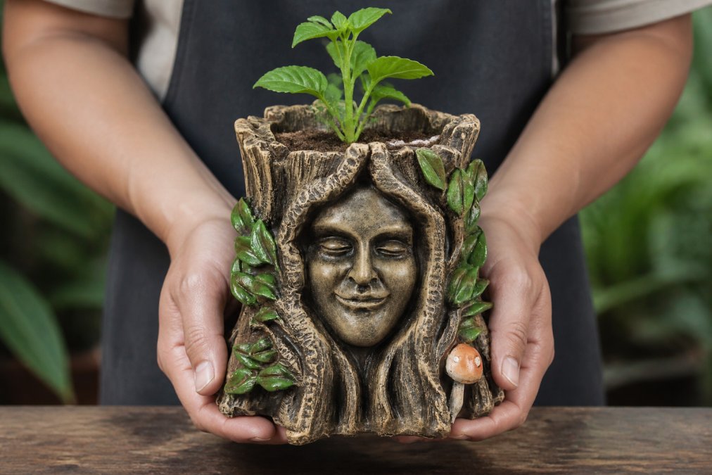 Close-up of hands holding a biodegradable coir pot with a small seedling, showing the natural tan texture and woven fibres in soft natural light