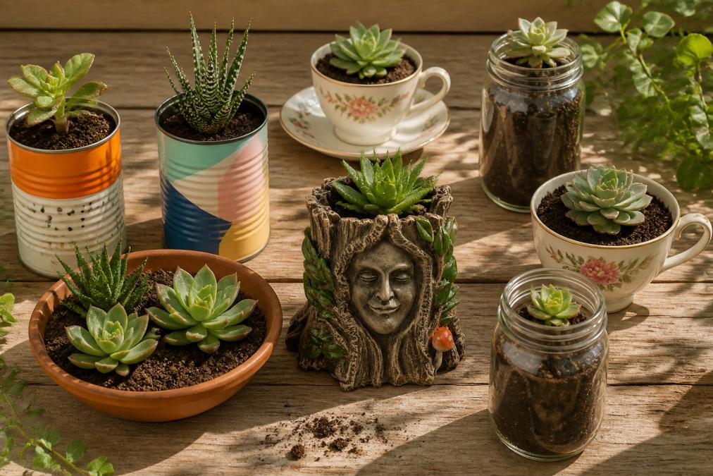 Flat-lay arrangement of upcycled containers including painted tin cans, ceramic teacups, terracotta bowls, and glass jars filled with soil and small succulents on a natural wood surface in bright daylight